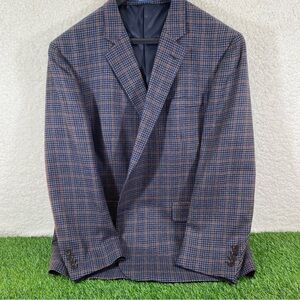 Stafford Men Classic Fit Plaid Blazer Navy Blue Houndstooth Wool Size 52 Regular